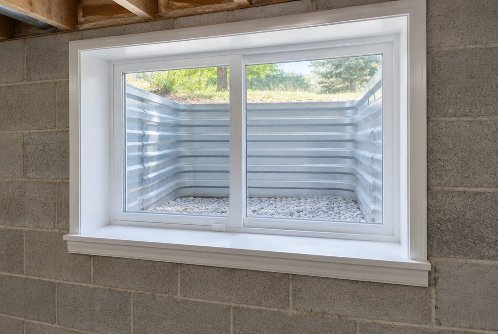 New code-size egress window replacing an old basement window in Cleveland